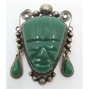 Mexican Sterling Silver Green Agate Carved Aztec Tribal Face Mask Pin Brooch
